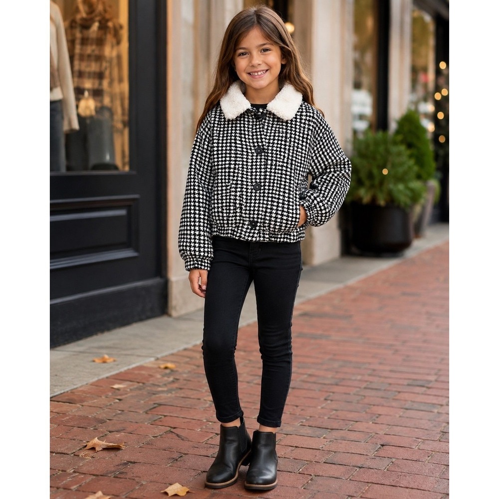 Old Navy Girls Houndstooth Sherpa Collar Jacket Size M 8 Black White